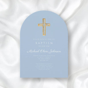 Invitation Croix religieuse Bébé Bleu Script Garçon Baptême A