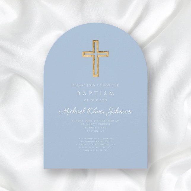 Invitation Croix religieuse Bébé Bleu Script Garçon Baptême A (Religious Cross Baby Blue Script Boy Baptism Arch Invitation)