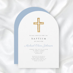 Invitation Croix religieuse Bébé Bleu Script Garçon Baptême A