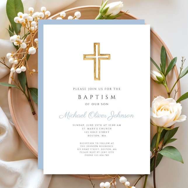 Invitation Croix Religieuse Bébé Garçon Bleu Clair Écriture B (Religious Cross Baby Blue Script Boy Baptism Invitation)
