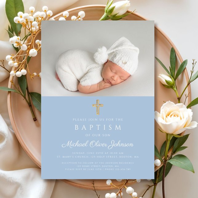 Invitation Croix Religieuse Bleu Bébé Garçon Photo Baptême (Baby Blue Religious Cross Boy Photo Baptism Invitation)