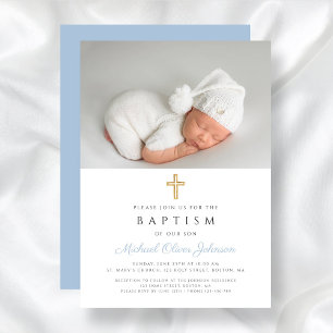Invitation Croix Religieuse Bleu Bébé Garçon Photo Baptême