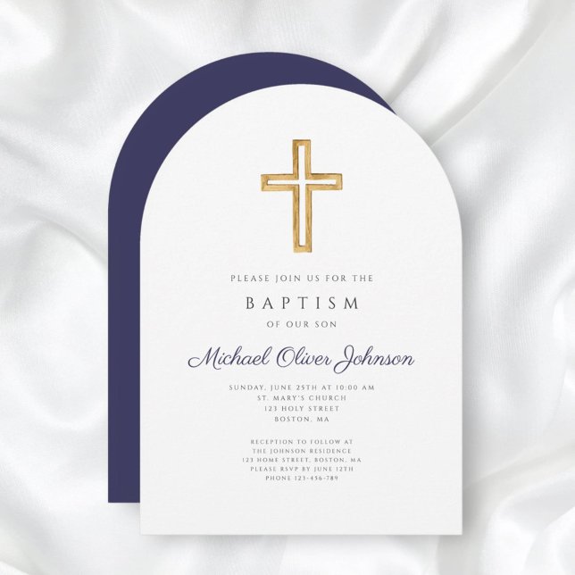 Invitation Croix Religieuse Bleu Marine Garçon Arche De Baptê (Navy Blue Religious Cross Boy Baptism Arch Invitation)