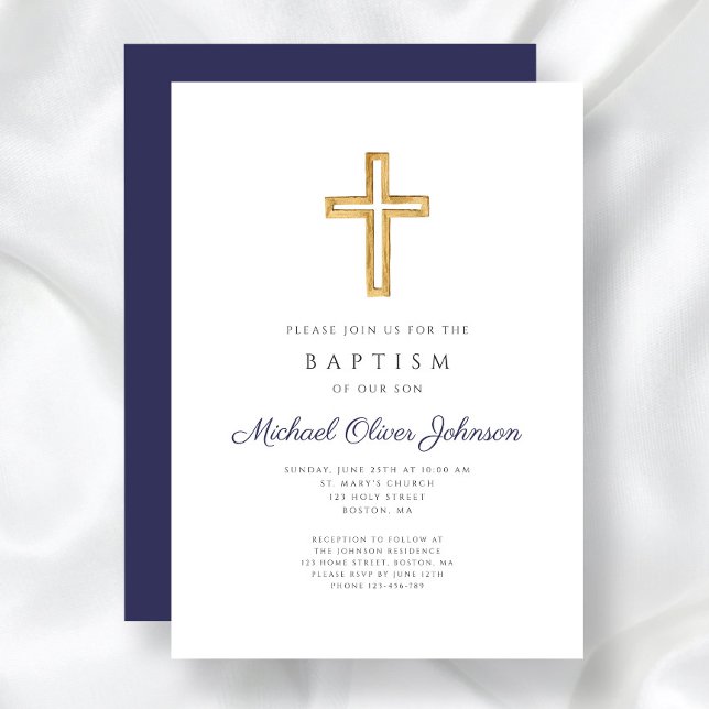 Invitation Croix Religieuse Bleu Marine Garçon Baptême (Navy Blue Religious Cross Boy Baptism Invitation)