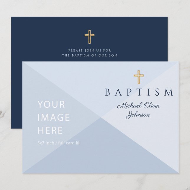 Invitation Croix religieuse bleu marine garçon baptême image  (Devant / Derrière)
