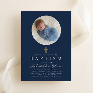 Invitation Croix Religieuse Bleu Marine Garçon Photo Baptême
