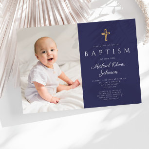Invitation Croix Religieuse Bleu Marine Garçon Photo Baptême