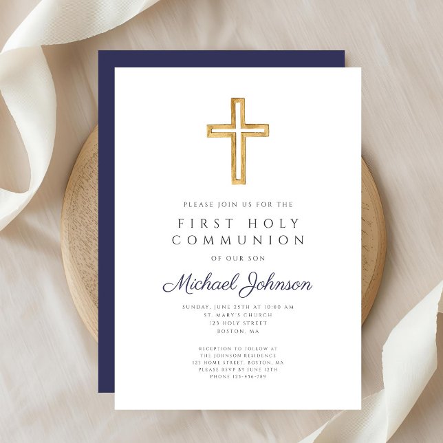 Invitation Croix Religieuse Bleu Marine Garçon Première Commu (Navy Blue Religious Cross Boy First Communion Invitation)