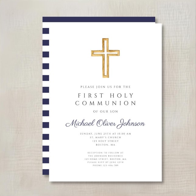 Invitation Croix Religieuse Bleu Marine Garçon Première Commu (Navy Blue Stripes Boy First Communion Invitation)
