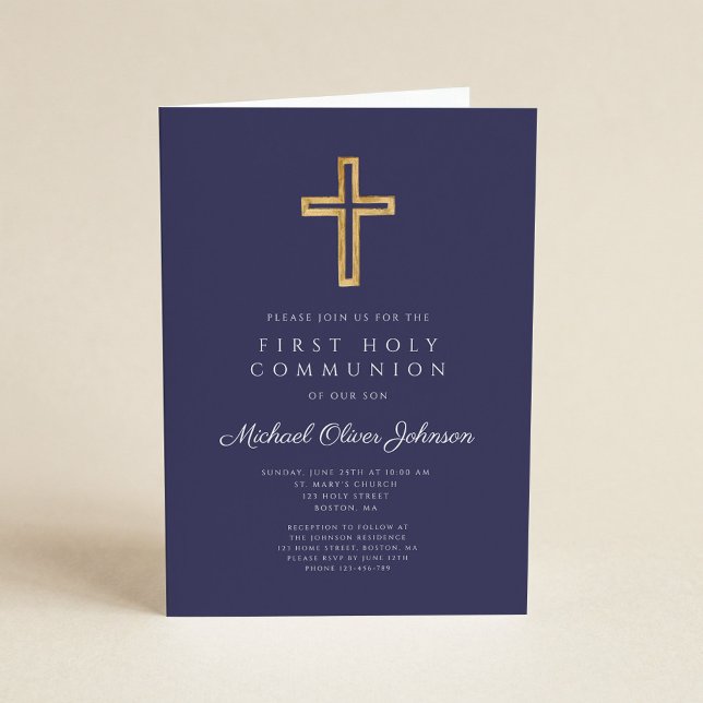 Invitation Croix Religieuse Bleu Marine Garçon Première Commu (Navy Blue Religious Cross Boy First Communion Invitation)