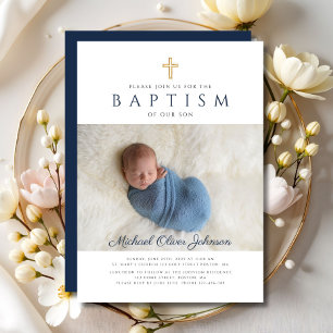Invitation Croix Religieuse Bleu Marine Photo Garçon Baptême
