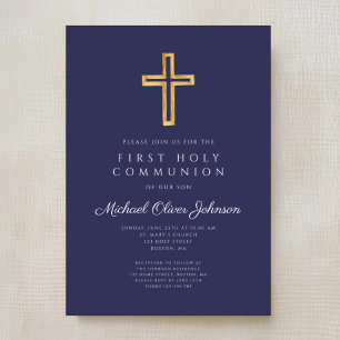 Invitation Croix religieuse bleu marine Première communion de