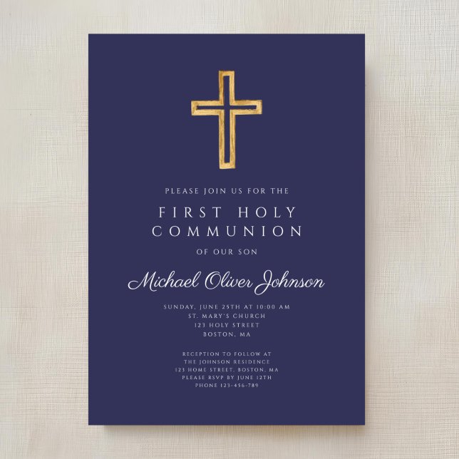 Invitation Croix religieuse bleu marine Première communion de (Navy Blue Religious Cross Boy First Communion Invitation)