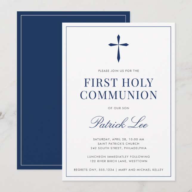 Invitation Croix Religieuse, Bleu Marine Simple et Élégant (Devant / Derrière)