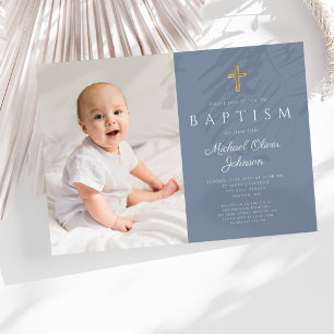 Invitation Croix religieuse bleu poussiéreux Photo Baptême ga