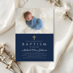 Invitation Croix Religieuse Bleue Élégante Photo de Baptême d