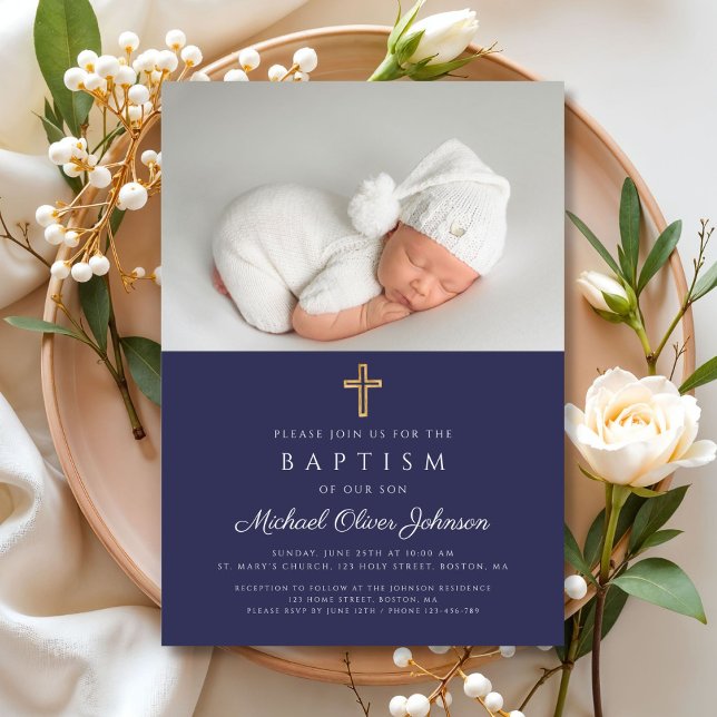 Invitation Croix Religieuse Bleue Marine Photo Boy Baptême (Navy Blue Religious Cross Photo Boy Baptism Invitation)