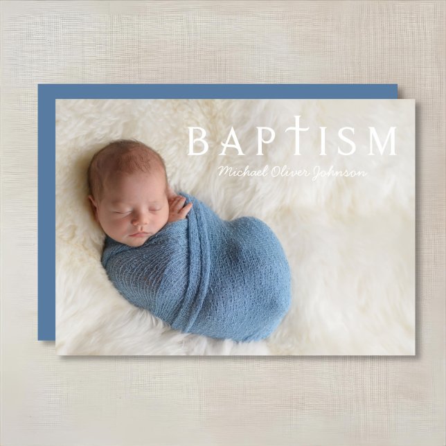 Invitation Croix religieuse bleue moderne Photo Garçon Baptêm (Modern Blue Religious Cross Photo Boy Baptism Invitation)