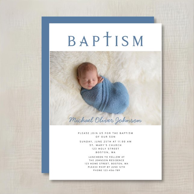Invitation Croix Religieuse Bleue Photo Boy Baptême (Blue Religious Cross Photo Boy Baptism Invitation)