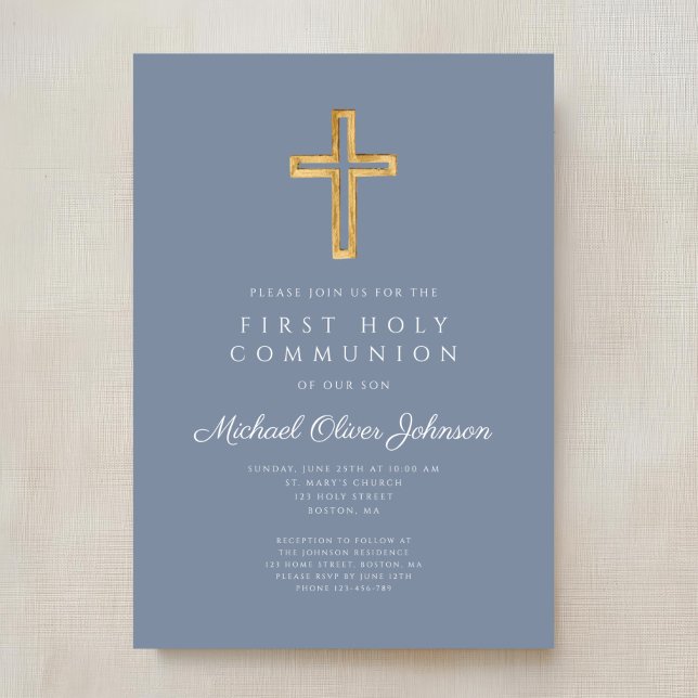 Invitation Croix religieuse bleue poussiéreuse Garçon Premièr (Dusty Blue Religious Cross Boy First Communion Invitation)
