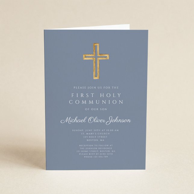 Invitation Croix religieuse bleue poussiéreuse Garçon Premièr (Créateur téléchargé)