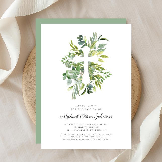 Invitation Croix religieuse botanique moderne de baptême (Modern Botanical Religious Cross Baptism Invitation)