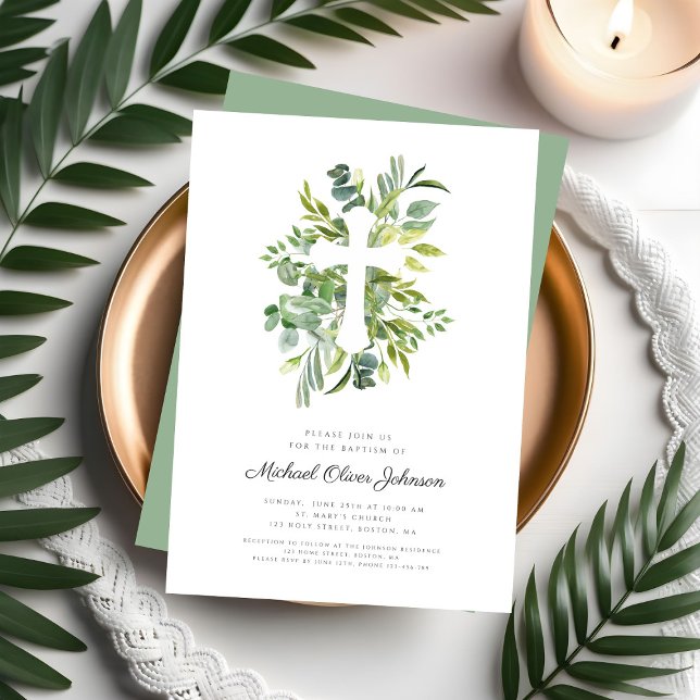 Invitation Croix religieuse botanique moderne de baptême (Modern Botanical Religious Cross Baptism Invitation)