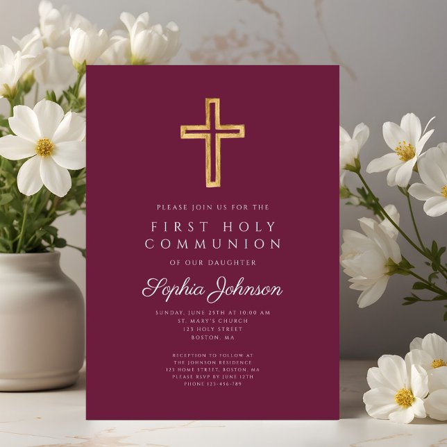 Invitation Croix religieuse burgundy garçon première communio (Burgundy Religious Cross Boy First Communion Invitation)