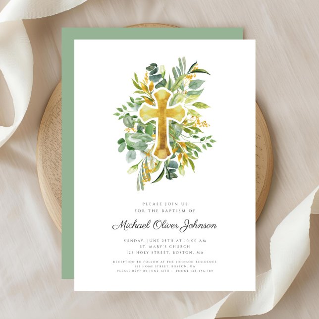 Invitation Croix religieuse de verdure botanique de baptême (Religious Cross Greenery Botanical Baptism Invitation)