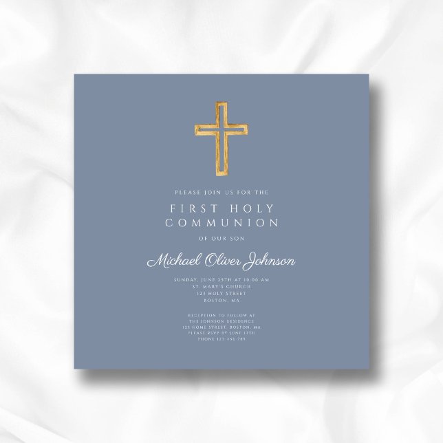 Invitation Croix religieuse Dusty Blue Boy First Communion (Dusty Blue Religious Cross Boy First Communion Invitation)