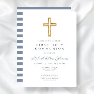 Invitation Croix religieuse Dusty Blue Boy First Communion