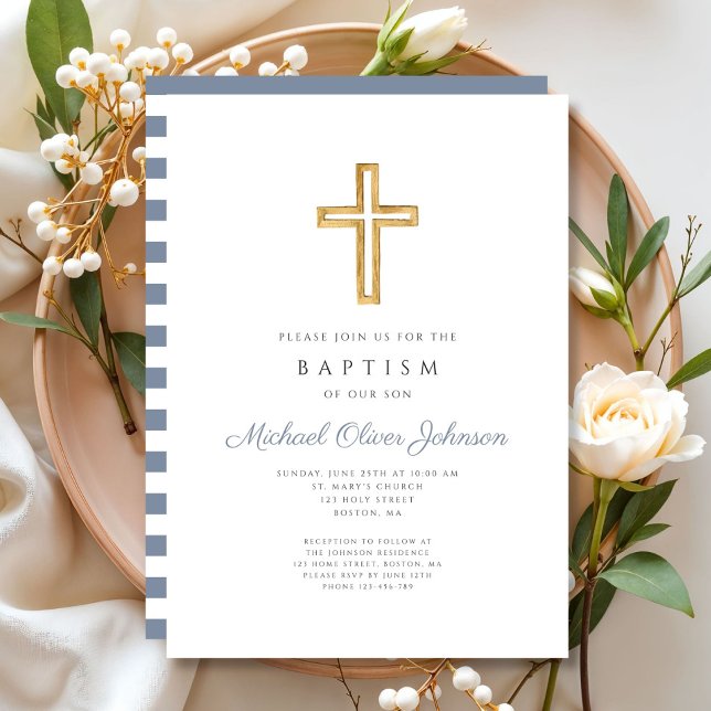 Invitation Croix religieuse Dusty Blue Stripes Baptême garçon (Religious Cross Dusty Blue Stripes Boy Baptism Invitation)