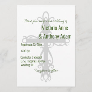 Invitation Croix religieuse Élégant Mariage chrétien vert