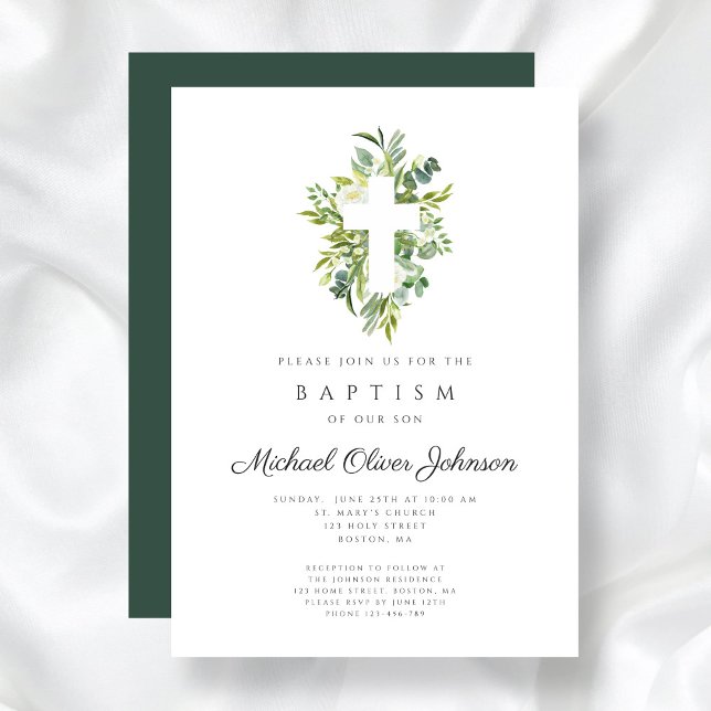 Invitation Croix Religieuse Élégante Baptême Botanique (Elegant Religious Cross Botanical Baptism Invitation)