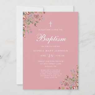 Invitation Croix Religieuse Élégante Fille Florale Baptême