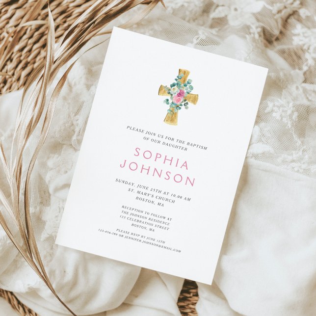 Invitation Croix Religieuse Élégante Fille Florale Rose Baptê (Elegant Religious Cross Pink Floral Girl Baptism Invitation)
