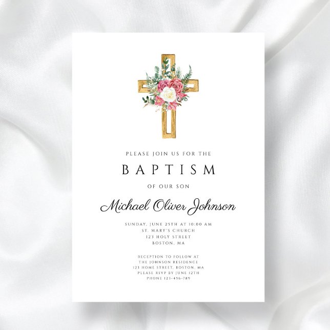 Invitation Croix Religieuse Élégante Fleur Rose Baptême  (Elegant Religious Cross Pink Floral Baptism Invitation)