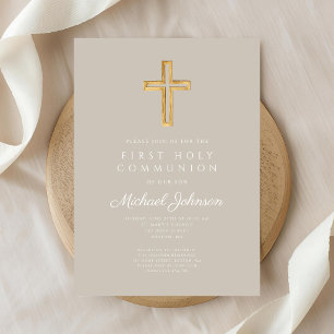 Invitation Croix religieuse élégante taupe Garçon Première co