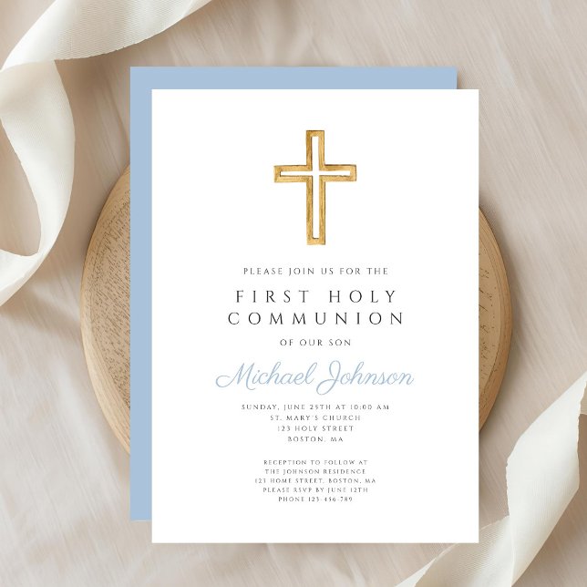 Invitation Croix religieuse en écriture bleue Garçon Première (Blue Script Religious Cross Boy First Communion Invitation)