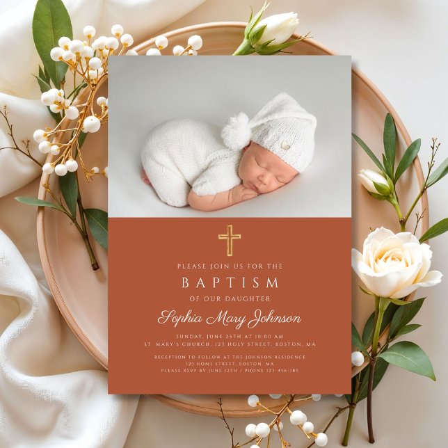 Invitation Croix religieuse en terre cuite Photo Baptême (Terracotta Religious Cross Photo Baptism Invitation)