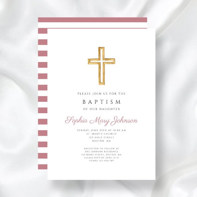 Invitation Croix Religieuse Fille Baptême Rayures Rose Poussi (Religious Cross Dusty Pink Stripes Girl Baptism Invitation)