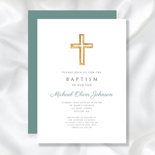 Invitation Croix religieuse Garçon baptême écriture verte (Religious Cross Green Script Boy Baptism Invitation)