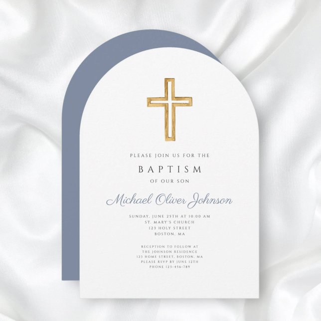 Invitation Croix Religieuse Garçon Baptême Script Bleu Poussi (Religious Cross Dusty Blue Script Boy Baptism Invitation)