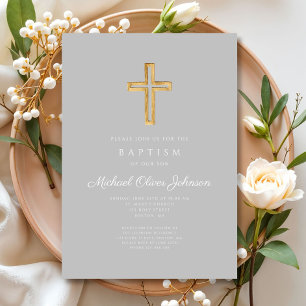 Invitation Croix Religieuse Gris Script Garçon Baptême