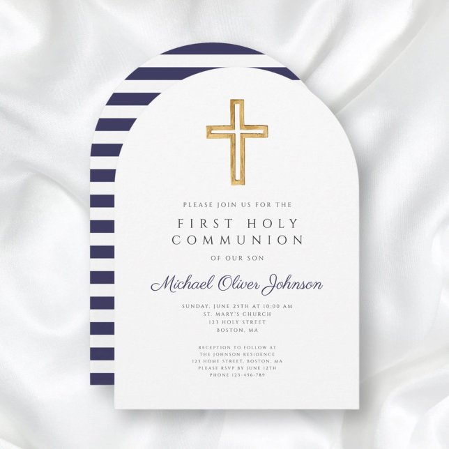 Invitation Croix religieuse Marine Bleu Garçon Premier Arc Co (Religious Cross Navy Blue Boy First Communion Arch Invitation)