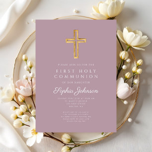 Invitation Croix Religieuse Mauve Fille Première Communion