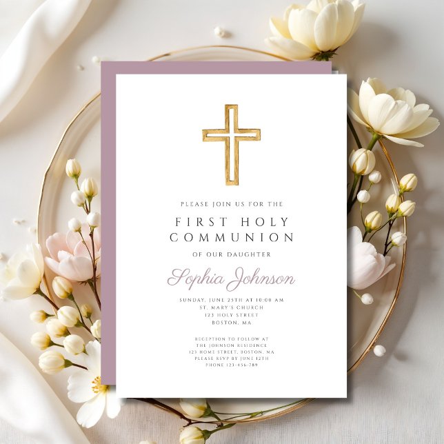 Invitation Croix religieuse Mauve Script Garçon Première Comm (Mauve Script Religious Cross Boy First Communion Invitation)