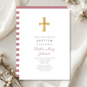 Invitation Croix Religieuse Moderne Bandes Roses Fille Baptêm