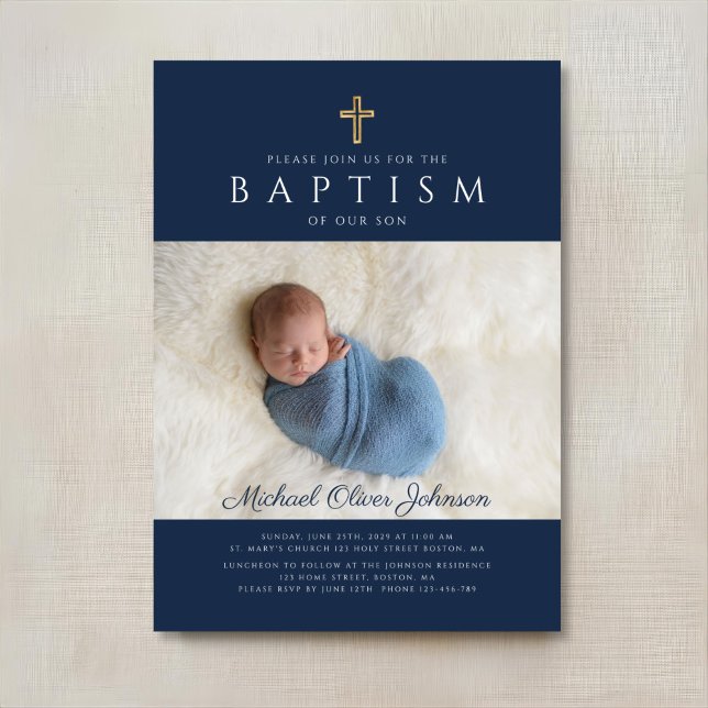 Invitation Croix religieuse moderne bleu marine pour garçon p (Modern Navy Blue Religious Cross Boy Baptism Photo Invitation)