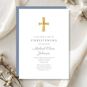 Invitation Croix Religieuse Moderne Bleu Poussiéreux Baptême